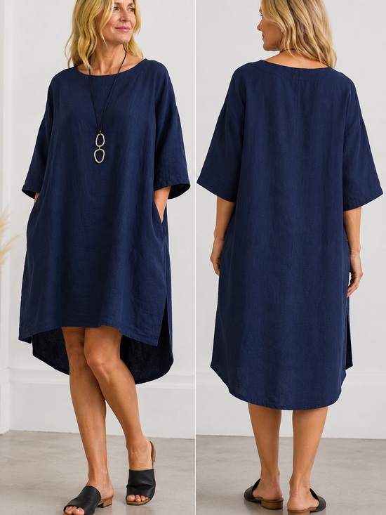 Ilona Pelli Dresses & Skirts - Ilona Pelli Linen Lagenlook Dress Medium Navy Blue High Low Avant Garde